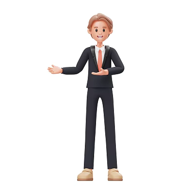 Smiling Man in Black Suit With White Shirt Red Tie and Open Hands 3d model