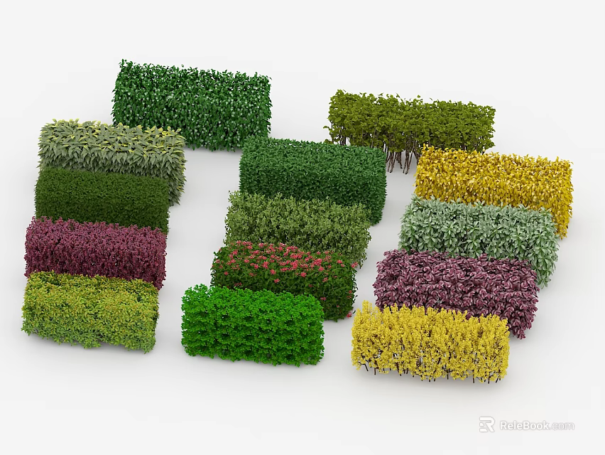 Colorful Shrubs with Different Shapes and Green Yellow Purple Hues for Garden Landscaping 3d model 