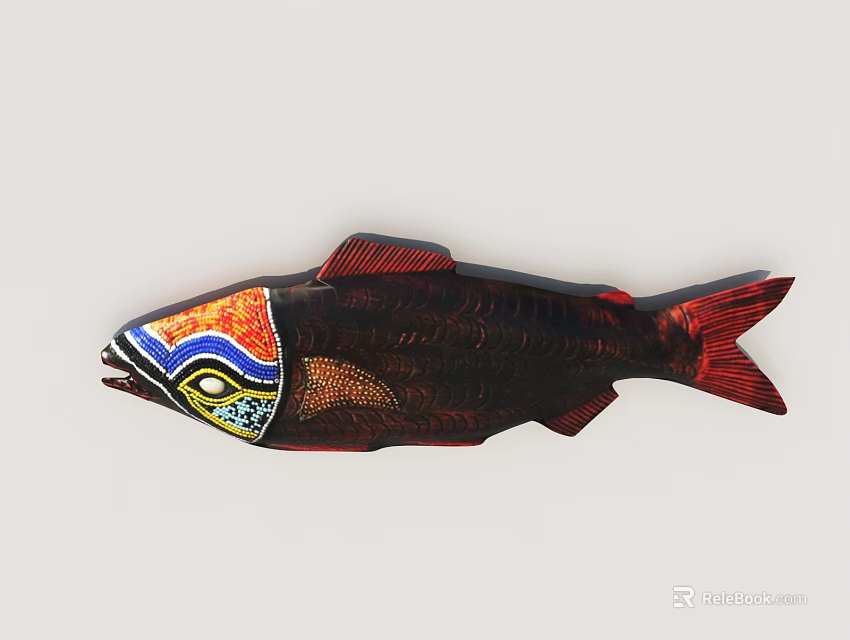 Colorful Handcrafted Fish Shaped Decorative Item With Red Body And Blue Yellow Patterns 3d model 
