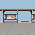 Traditional Chinese Corridor Featuring Red Pillars Brown Roof Decorative Beams Cultural Panels Stone Floor Bench