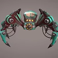 3D Mechanical Spider Character With Green Legs And Yellow Glowing Lights