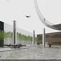Modern Front Desk Reception In Spacious Lobby With Marble Floor Green Plants And White Columns