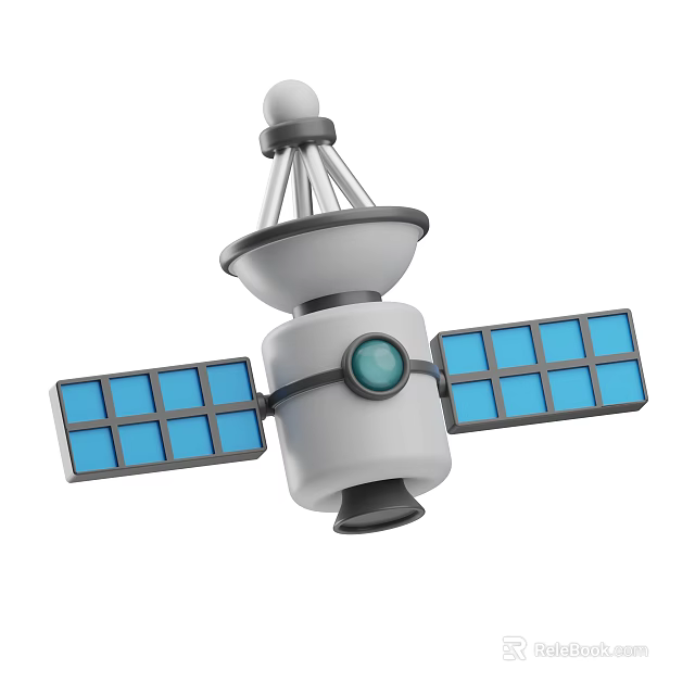 Cartoon Style Satellite Featuring Blue Solar Panels White Body And Green Circular Antenna 3d model 