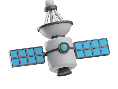 Cartoon Style Satellite Featuring Blue Solar Panels White Body And Green Circular Antenna 3d model