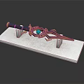 Ornate Decorative Sword With Blue Gem And Gold Accents On White Stand