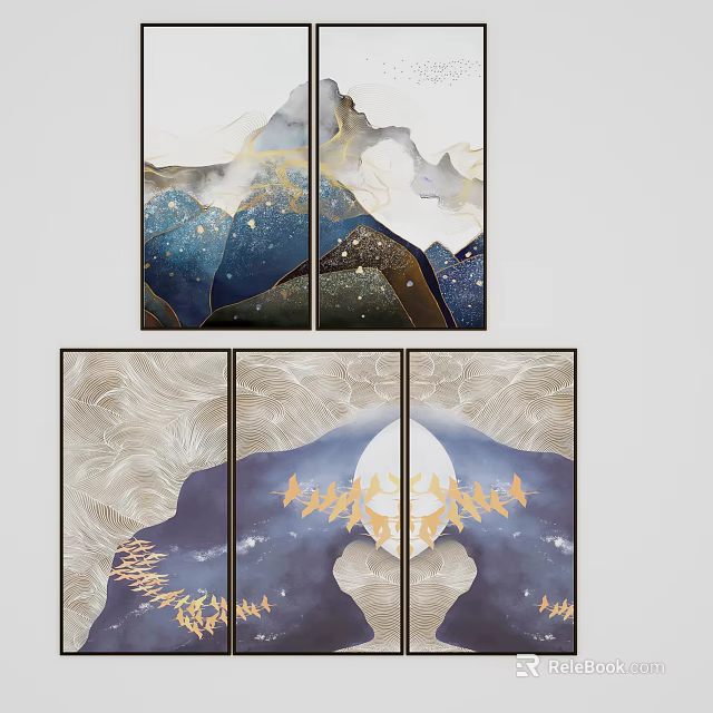 Modern Abstract Wall Art With Mountain Moon And Golden Elements Design 3d model