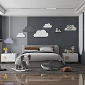 Modern Kids Room Interior with Gray Wall Cloud Decorations Bed and Stuffed Toys
