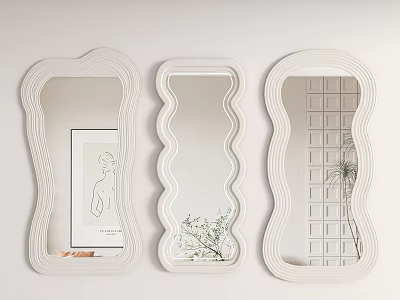 Three Different Shaped White Frame Mirrors with Reflections of Painting Plant and Grid Background 3d model