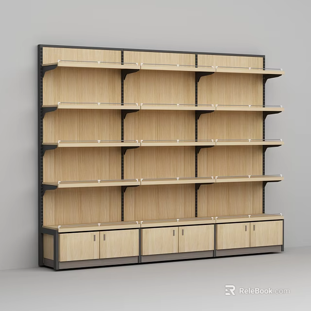 Modern Display Shelves with Wooden Layers Black Metal Frame and Bottom Storage Cabinets 3d model 