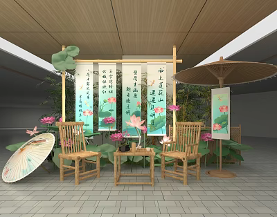 Chinese Traditional Photo Check In Spot With Lotus Flowers Calligraphy Scrolls And Bamboo Chairs 3d model