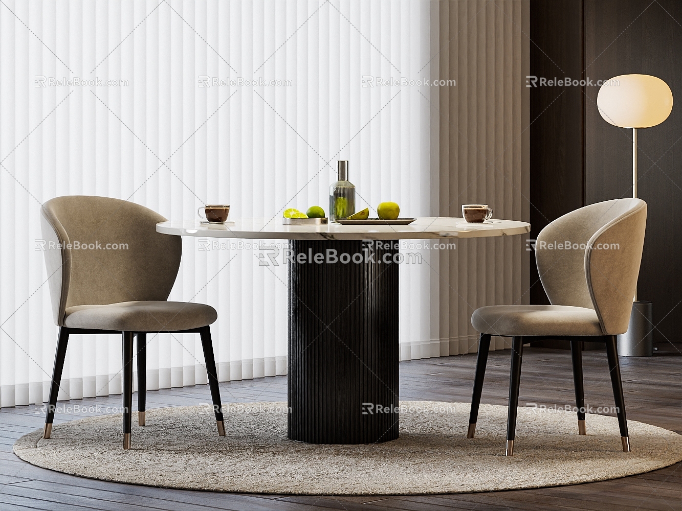 Simple Dining Table and Chair Ancient Style Round Dining Table and Leisure Chair Carpet Curtain Vertical Curtain Floor Lamp 3d model