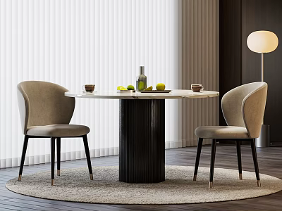 Elegant Modern Dining Table Set With Round Top Black Leg Two Light Gray Chairs And Fruits On Top 3d model