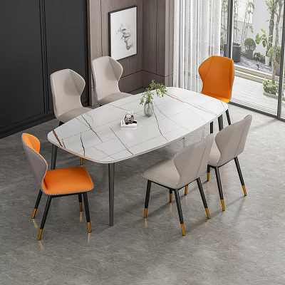Modern Dining Table Set With Marble Top Orange Light Gray Chairs And Potted Plant 3d model