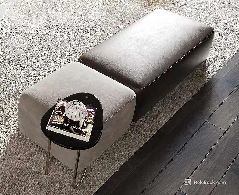 Light And Dark Colored Ottoman Benches On Soft Carpet With Small Side Table 3d model 