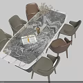 Modern Dining Table Set Marble Pattern Top With Gray Brown Chairs Vase and Books 3d model