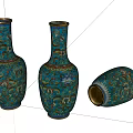 Three Blue Decorative Vases With Floral Patterns Gold Trim Two Standing One Tilted 3d model