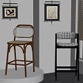 Modern Bar Stools With Wooden Frame Rattan Backrest And Houndstooth Seats