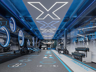 Modern Fitness Gym Interior With Blue Lighting Geometric Ceiling And Workout Equipment 3d model