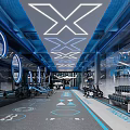 Modern Fitness Gym Interior With Blue Lighting Geometric Ceiling And Workout Equipment