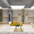 Modern Clothing Store Interior With Well Lit Shelves Hanging Clothes Marble Floor And Display Tables