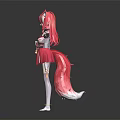 Anime Character With Pink Hair And Fox Ears In Red White Kimono Style Outfit