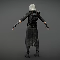 Female Character With Silver White Hair Black Mask Coat Skirt And Leg Bandages Boots