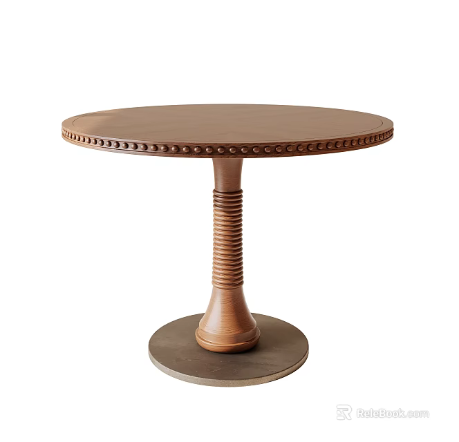 Round Brown Dining Table Featuring Decorative Dot Trim Spiral Leg And Round Base 3d model