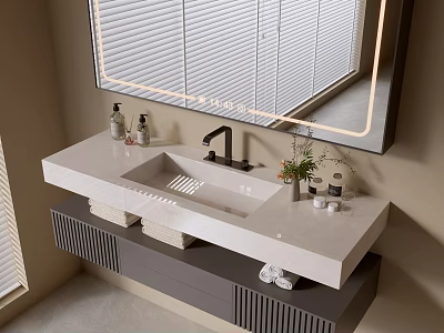 Modern Bathroom Vanity With Marble Countertop Undermount Sink Black Faucet Toiletries And Potted Plant Mirror 3d model
