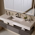Modern Bathroom Vanity With Marble Countertop Undermount Sink Black Faucet Toiletries And Potted Plant Mirror