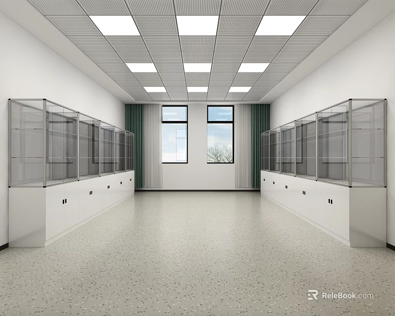 Spacious Modern Laboratory Interior With Glass Cabinets And Large Windows 3d model 