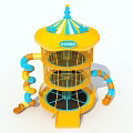Yellow Multi Level Playground Equipment With Colorful Dome Blue Orange Slides And Net Structures