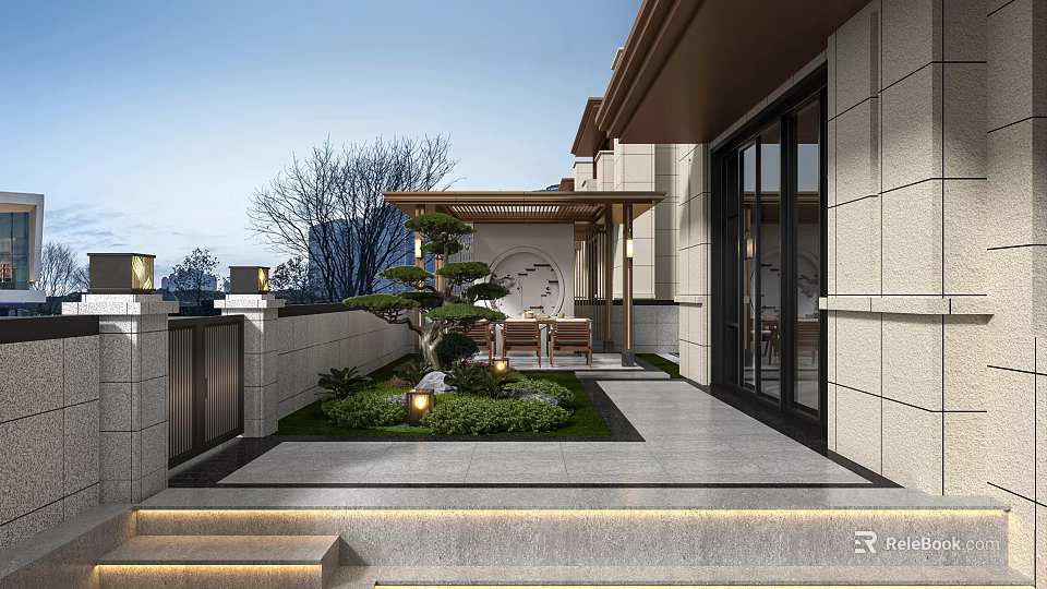 Modern Courtyard Garden Landscape With Pine Tree Green Plants Stone Pathway And Wooden Seating Area 3d model 