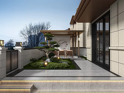 Modern Courtyard Garden Landscape With Pine Tree Green Plants Stone Pathway And Wooden Seating Area 3d model