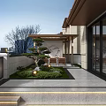 Modern Courtyard Garden Landscape With Pine Tree Green Plants Stone Pathway And Wooden Seating Area