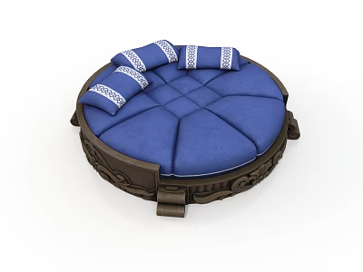 Traditional Circular Furniture With Blue Cushions And White Patterned Pillows On Dark Wooden Base 3d model