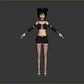 3D Female Character With Black Pigtails Crop Top Skirt Fishnet Stockings High Heels Arm Cuffs