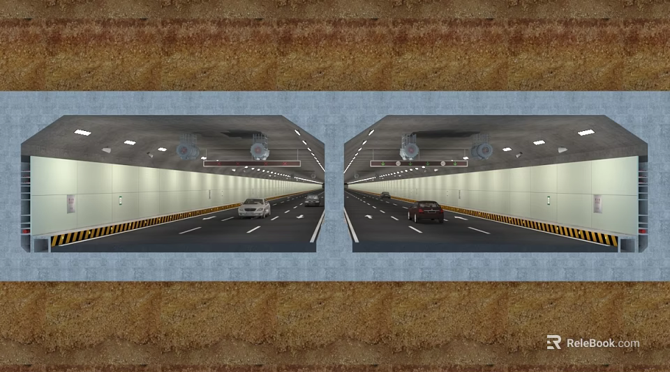 Modern Road Infrastructure Tunnel with Two Way Traffic Lanes Moving Vehicles and Lighting Systems 3d model 