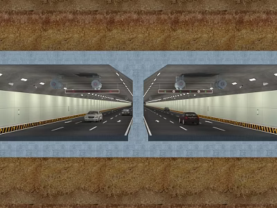 Modern Road Infrastructure Tunnel with Two Way Traffic Lanes Moving Vehicles and Lighting Systems 3d model
