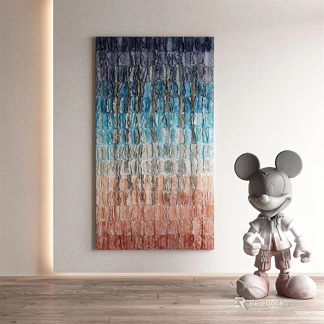 Modern Interior With Abstract Gradient Painting And Mickey Mouse Sculpture 3d model
