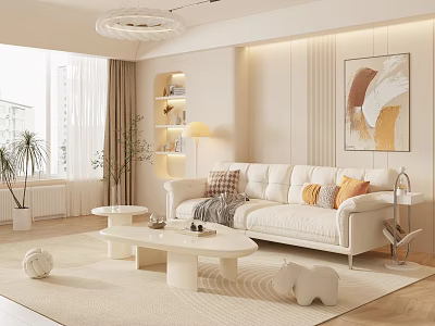 Modern Living Room Interior With White Sofa Beige Rug Round Coffee Table And Decorative Painting 3d model