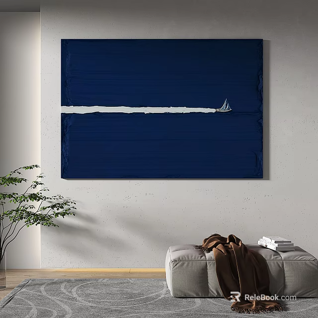 Modern Minimalist Abstract Painting with Dark Blue Background White Horizontal Line and Small Boat 3d model 