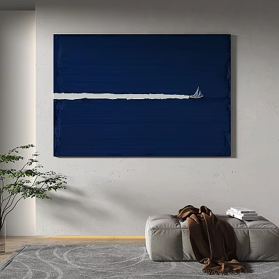 Modern Minimalist Abstract Painting with Dark Blue Background White Horizontal Line and Small Boat 3d model