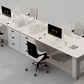 Modern Office Desk Setup With Computer Monitors Ergonomic Chairs And Storage Cabinets 3d model