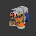 Mechanical Weapon with Red Lens Orange Components White Body and Blue Parts on Round Base