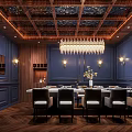 Elegant Private Dining Room With Dark Blue Paneled Walls Herringbone Wooden Flooring Crystal Chandelier And Dining Table