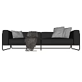 Black Leather Two Seater Sofa with Brown Throw Blanket and Gray Pillows 3d model