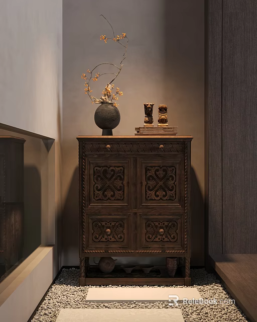 Vintage Wooden Entryway Console Cabinet With Detailed Carved Doors Decorative Vase And Ornaments 3d model 