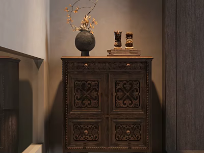 Vintage Wooden Entryway Console Cabinet With Detailed Carved Doors Decorative Vase And Ornaments 3d model
