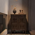 Vintage Wooden Entryway Console Cabinet With Detailed Carved Doors Decorative Vase And Ornaments