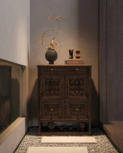 Vintage Wooden Entryway Console Cabinet With Detailed Carved Doors Decorative Vase And Ornaments 3d model
